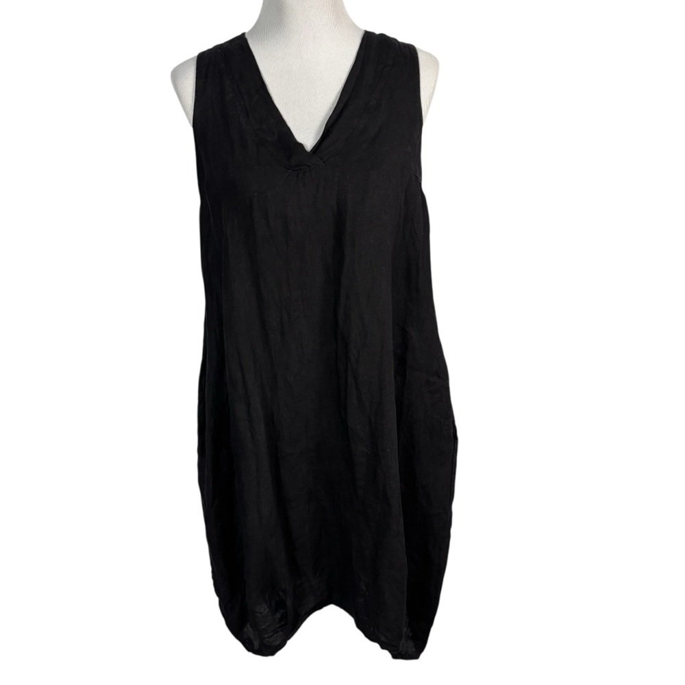 INIZIO Sleeveless V Neck 100% Linen Lagenlook Boho Dress Tunic Black Size Small
